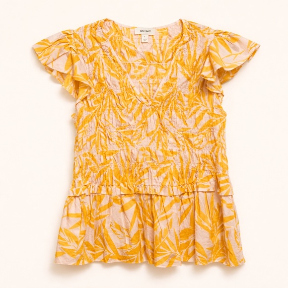 ON 34th Tops - ON 34th Smocked Peplum Cotton Top Pink Yellow Floral L